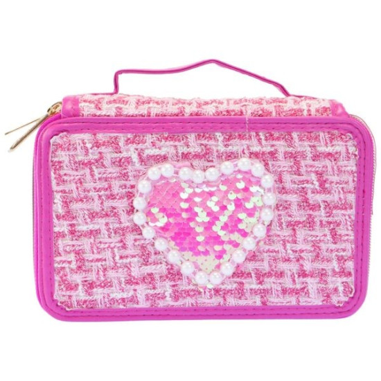 Piórnik tweedowy 3 poziomy ciemny róż