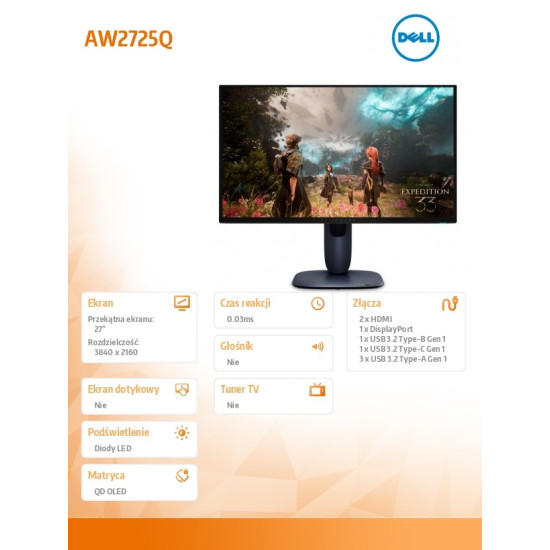 Monitor Alienware AW2725Q 27.0 cali NVIDIA G-Sync Compatible 4K QD-OLED 240Hz/ DP/2xHDMI/USBC/3XUSB/3Y