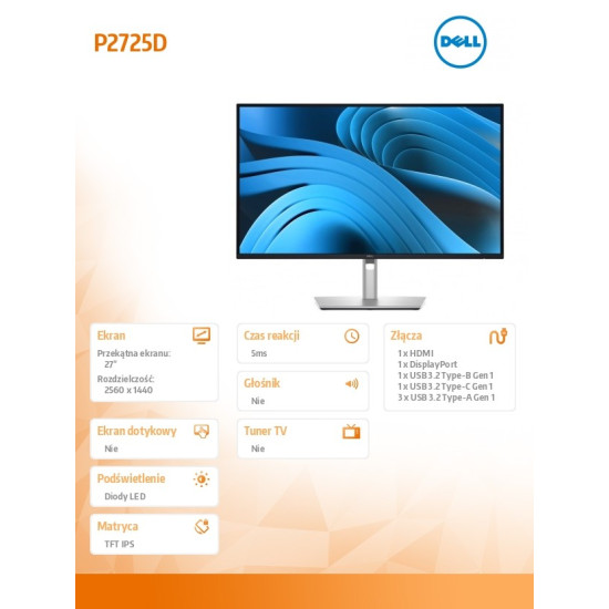 Monitor 27 cali P2725D IPS QHD LED/16:9/HDMI/DP/USBC/3Y