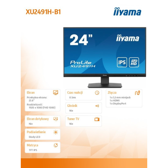 Monitor 24 cale XU2491H-B1 IPS, HDMI, DP, 0,5ms, 300cd 