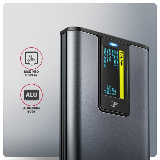 EEM2-SD2 Obudowa zewnętrzna aluminiowa bezśrubowa USB-A/C 3.2 Gen2 M.2 NVMe/SATA display LCD