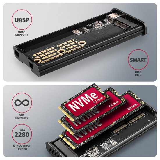 EEM2-SD2 Obudowa zewnętrzna aluminiowa bezśrubowa USB-A/C 3.2 Gen2 M.2 NVMe/SATA display LCD