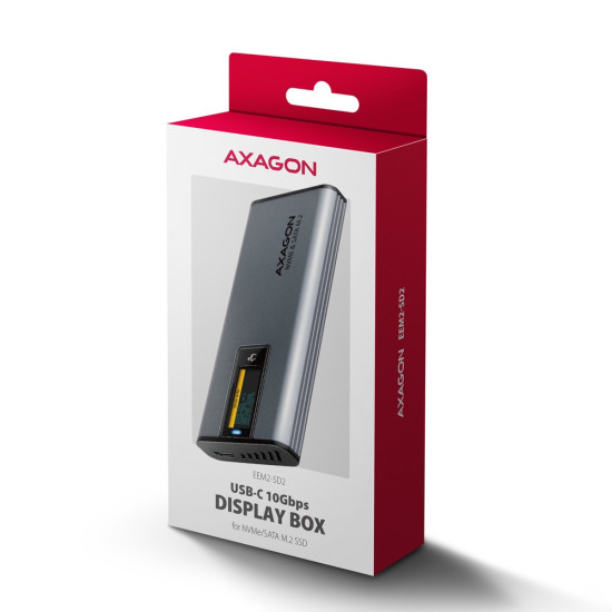 EEM2-SD2 Obudowa zewnętrzna aluminiowa bezśrubowa USB-A/C 3.2 Gen2 M.2 NVMe/SATA display LCD