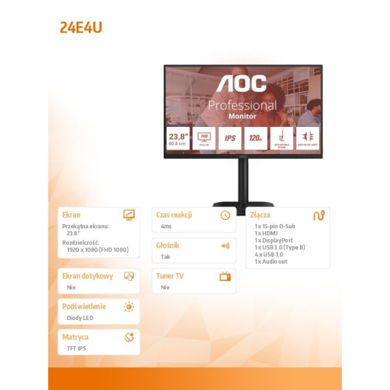 Monitor 24E4U 23.8 cala IPS 120Hz HDMI DP VGA Pivot Głośniki 