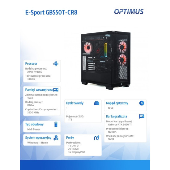 Komputer E-Sport GB550T-CR8 Ryzen 7 5800X/16GB/1TB/RTX 5060 Ti 16GB/W11H