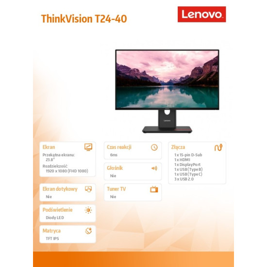 Monitor ThinkVision 23.8 cala T24-40 64A4MATXEU 