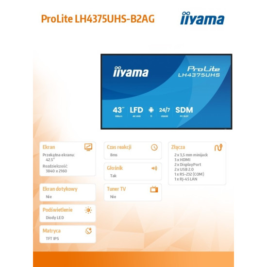 Monitor 43 cale LH4375UHS-B2AG,24/7,IPS,ANDROID.11,4K, WiFi,          iiSignage2, FailOver, EShare, 24/7, full daisy chain 