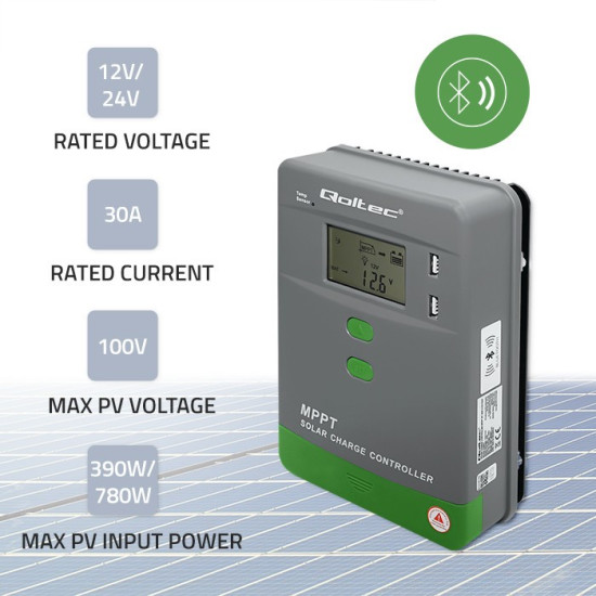 Solarny regulator ładowania MPPT z czujnikiem temperatury 30A |  12V/24V | LCD | 2xUSB | Bluetooth | APP | GEL | LiFePO4 
