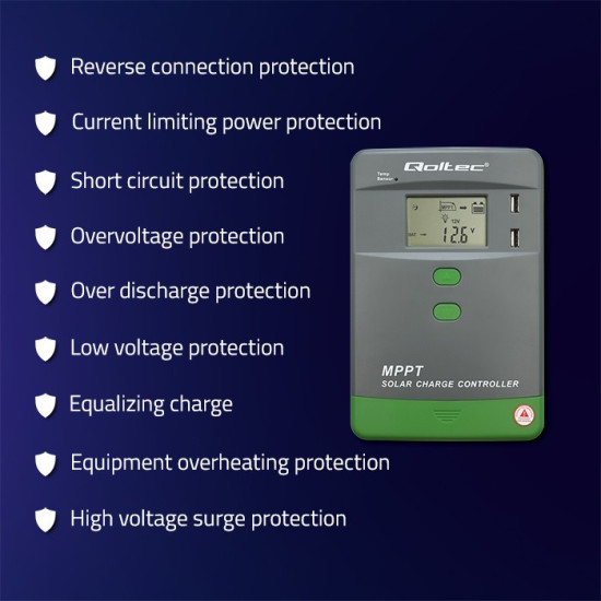 Solarny regulator ładowania MPPT z czujnikiem temperatury 30A |  12V/24V | LCD | 2xUSB | Bluetooth | APP | GEL | LiFePO4 