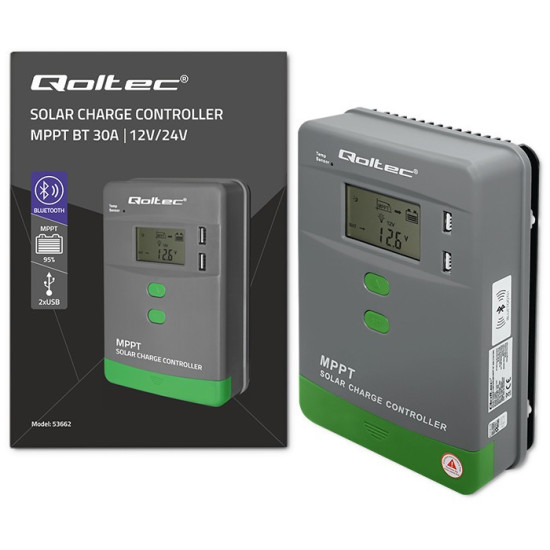 Solarny regulator ładowania MPPT z czujnikiem temperatury 30A |  12V/24V | LCD | 2xUSB | Bluetooth | APP | GEL | LiFePO4 