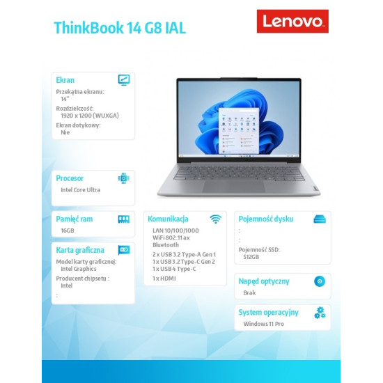 Laptop ThinkBook 14 G8 21SJ008APB W11Pro Ultra 5 225U/16GB/512GB/INT/14.0 WUXGA//Luna Grey/3YRS OS + CO2 Offset 