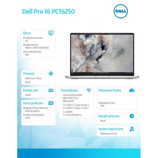 Laptop Dell Pro 16 PC16250 W11P U7 255U/32GB/1TB CL25/16.0 FHD+/Int/FgrPr/FHD/IRCam/Mic/WLAN +BT/BcklKb/3C/3YPS Platinum