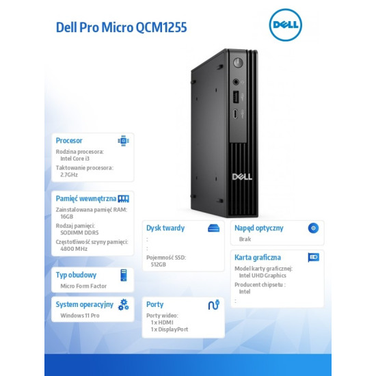 Komputer Dell Pro Micro QCM1250 W11Pro i3-14100T/16GB/512GB SSD CL25/Integrated/WLAN + BT/Kb/Mouse/3YPS