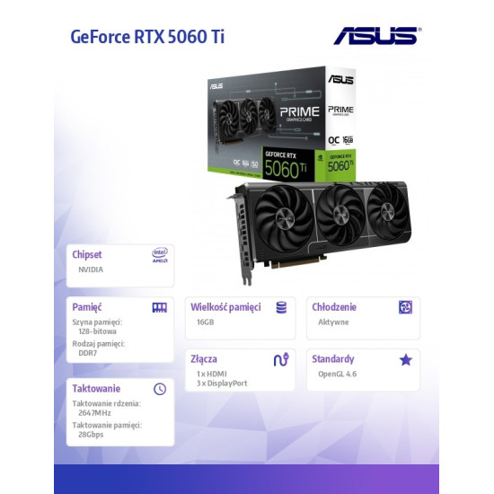 Karta graficzna GeForce RTX 5060 Ti Prime OC 16GB GDDR7 128BIT 3DP/HDMI
