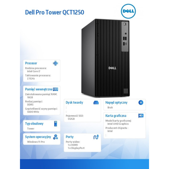 Komputer Dell Pro Tower QCT1250 W11Pro i7-14700/16GB/512GB CL35/Integrated/Kb/Mouse/3YPS