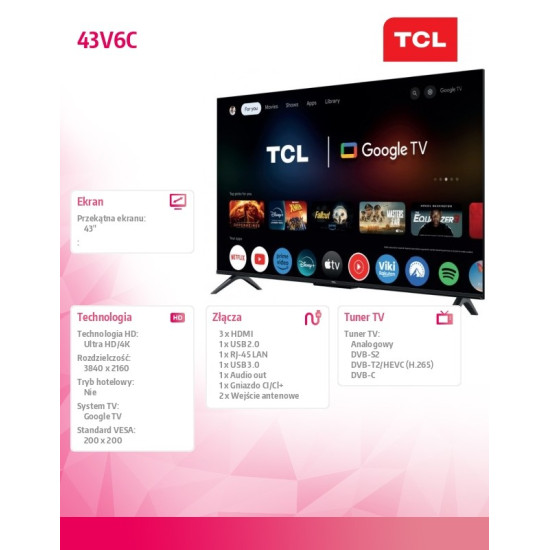 Telewizor LED 43 cale 43V6C 