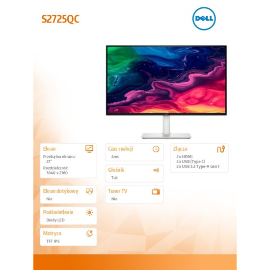 Monitor S2725QC 27 cali AMD FreeSync IPS LED 4K (3840x2160)/2xHDMI/USB-C/2xUSB 3.2/Speakers/3Y