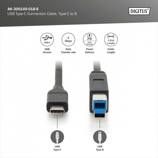 Kabel połączeniowy USB 3.0 SuperSpeed 5Gbps Typ USB C/B M/M Power Delivery czarny 1.8m