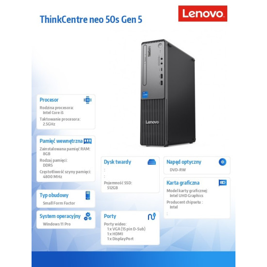 Komputer ThinkCentre Neo 50s G5 SFF 12XD0026PB W11Pro i5-14400/8GB/512GB/INT/DVD/3YRS OS 
