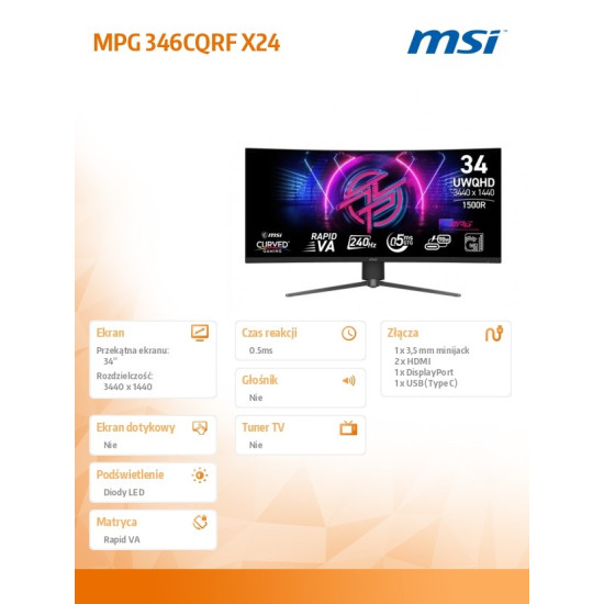 Monitor MPG 346CQRF X24 34 cale/LED/WQHD/Curve/240Hz/Black 