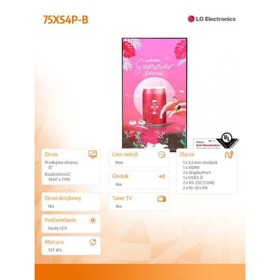 Monitor wielkoformatowy 75XS4P-B UHD 75 cali