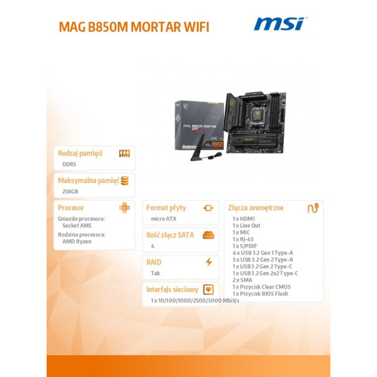 Płyta główna MAG B850M MORTAR WIFI AM5 4DDR5 mATX