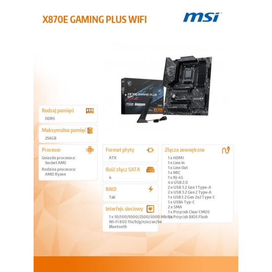 Płyta główna X870E GAMING PLUS WIFI AM5 4DDR5 ATX 