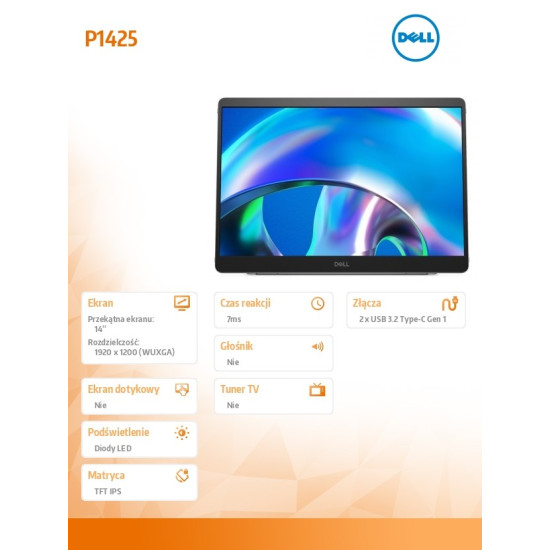Monitor przenośny P1425 14 cali LED IPS 1920x1080/WUXGA/2xUSB-C/3Y
