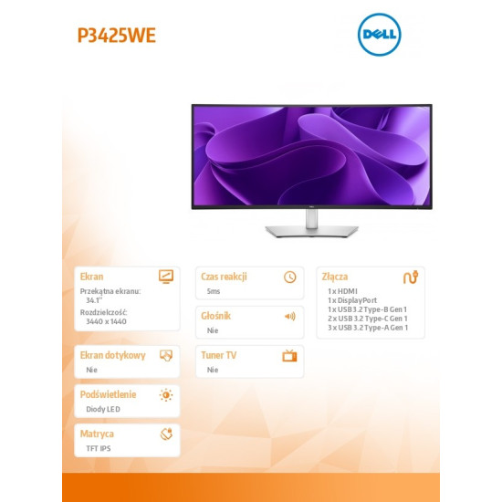 Monitor P3425WE 34.1 cala IPS Curved WQHD (3440x1440)/21:9/HDMI/DP/USB-C/3xUSB/3Y AES&PPG