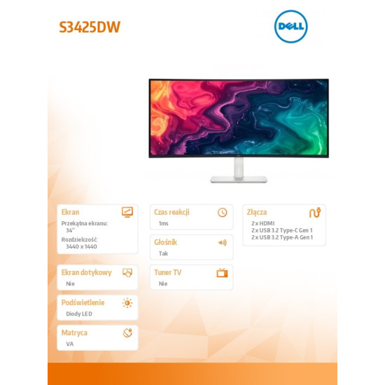 Monitor S3425DW 34 cale Curved AMD FreeSync VA LED WQHD (3440x1440)/2xHDMI/2xUSB-C/2xUSB/3Y AES&PPE