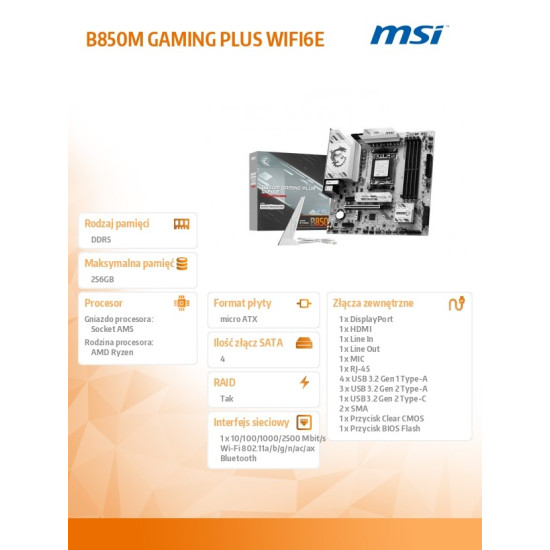 Płyta główna B850M GAMING PLUS WIFI6E AM5 4DDR5 mATX 