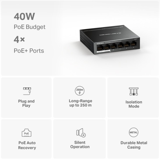 Przełącznik 6-Port 10/100 Mbps Desktop Switch with 4-Port PoE+ PORT: 4× 10/100 Mbps PoE+ Ports, 2× 10/100 Mbps Non-PoE Ports