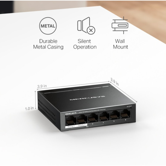 Przełącznik 6-Port 10/100 Mbps Desktop Switch with 4-Port PoE+ PORT: 4× 10/100 Mbps PoE+ Ports, 2× 10/100 Mbps Non-PoE Ports