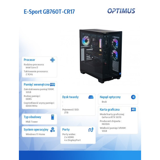 Komputer E-Sport GB760T-CR17 i7-14700F/32GB/2TB/RTX 5070 OC 12GB/W11H