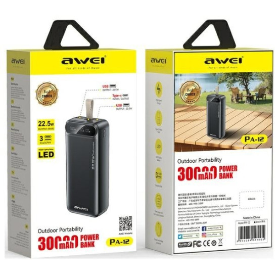 PowerBank 30000mAh 22,5W PA-12 Czarny 