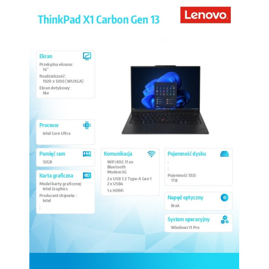 Ultrabook ThinkPad X1 Carbon G13 21NX009BPB W11Pro Ultra 7 255U/32GB/1TB/INT/14.0 WUXGA/Black/3YRS Premier Support Plus + CO2 Offset 