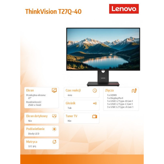 Monitor ThinkVision 27.0 T27Q-40 WLED LCD 64A6ZAT6EU 