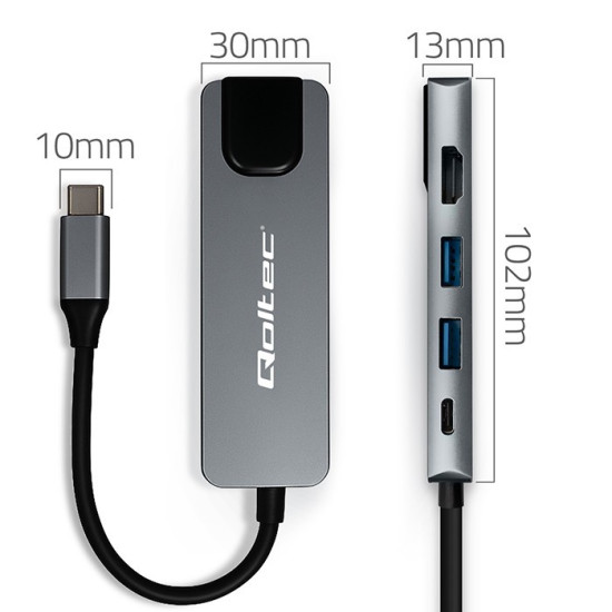 HUB Adapter USB-C 5w1 | USB-C PD 100W | 2xUSB | HDMI 4K | RJ45 