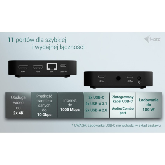 Stacja dokująca USB-C 2x HDMI Dock PD + Ładowarka 100W 