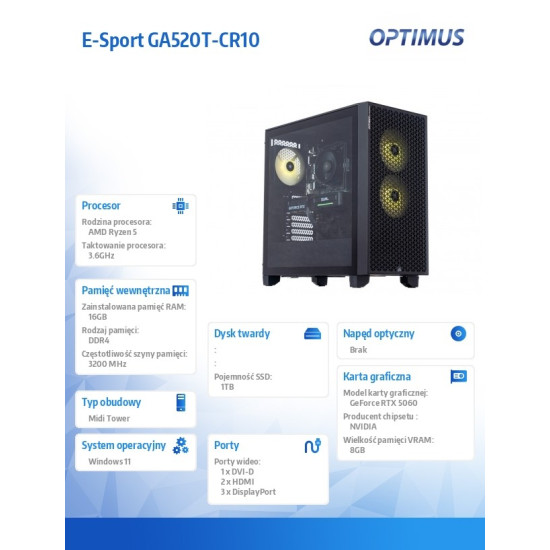 Komputer E-Sport GA520T-CR10 Ryzen 4500/16GB/1TB/RTX 5060 8GB/W11