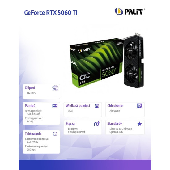 Karta graficzna GeForce RTX 5060 TI DUAL OC 8GB GDDR7 128bit 3DP/HDMI