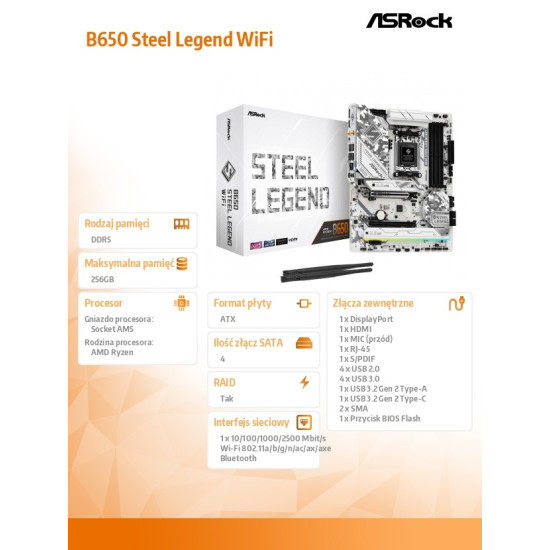 Płyta główna B650 STEEL LEGEND WIFI AM5 4DDR5 HDMI/DP M.2 ATX 