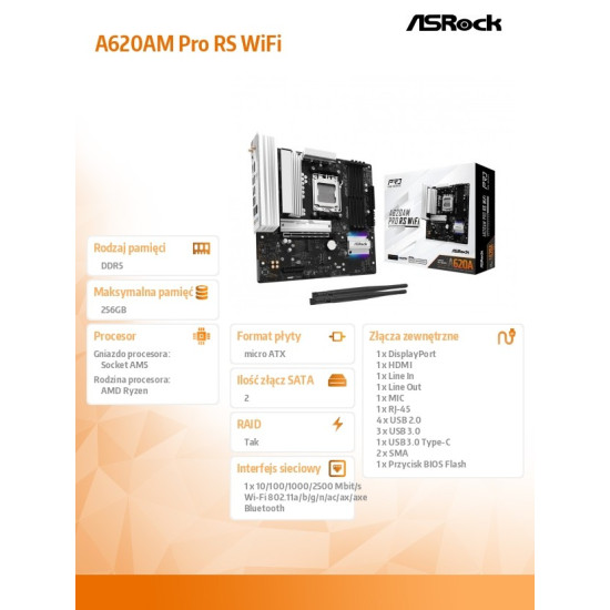 Płyta główna A620AM PRO RS WIFI AM5 4DDR5 HDMI/DP M.2 mATX 