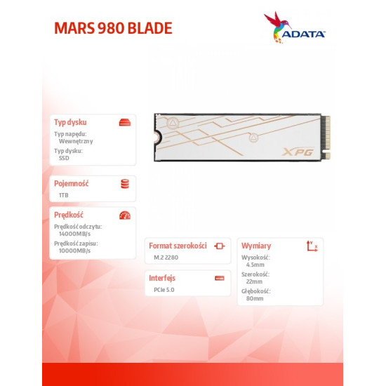 Dysk SSD XPG MARS 980 BLADE 1TB PCIe 5x4 14/10 GB/s M2
