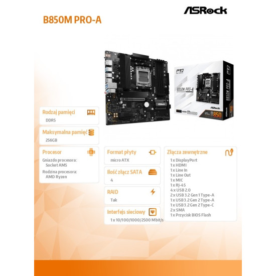 Płyta główna B850M PRO-A AM5 4DDR5 M.2 HDMI/DP mATX 