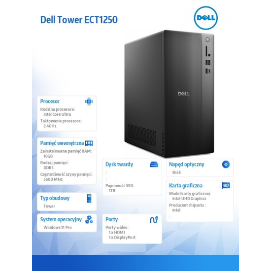 Komputer Dell Tower ECT1250 Win11Pro U7 265/16GB/1TB SSD/UHD/WLAN + BT/Kb & Mouse/3YPS 