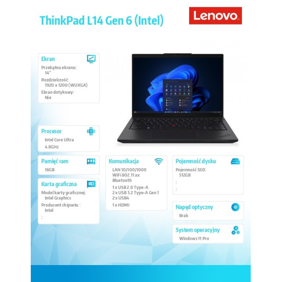 Notebook ThinkPad L14 G6 21S6004FPB W11Pro Ultra 5 225U/16GB/512GB/INT/14.0 WUXGA/Black/3YRS OS + 1YR Premier Support + CO2 Offset 