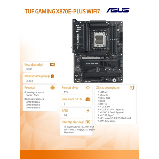 Płyta główna TUF GAMING X870E-PLUS WIFI AM5 4DDR5 HDMI/USB-C 