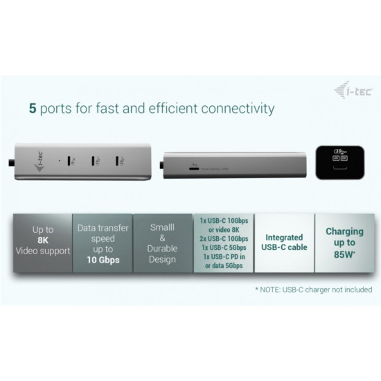 HUB USB-C Charging Metal 5 port with USB-C video 8K + Power Delivery 85W 