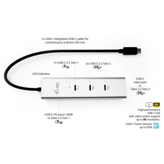 HUB USB-C Charging Metal 5 port with USB-C video 8K + Power Delivery 85W 